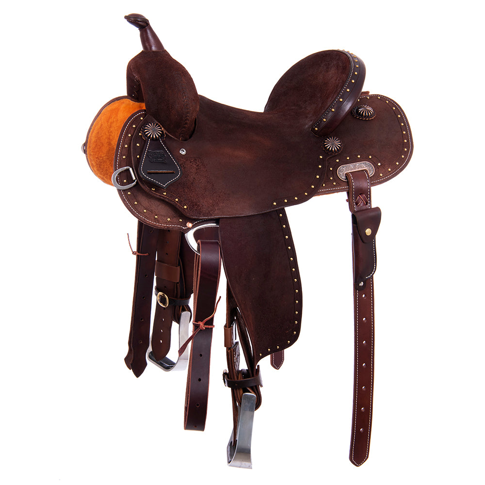 Burns Chocolate RO Barrel Saddle - Round - Full Brass Spot Border