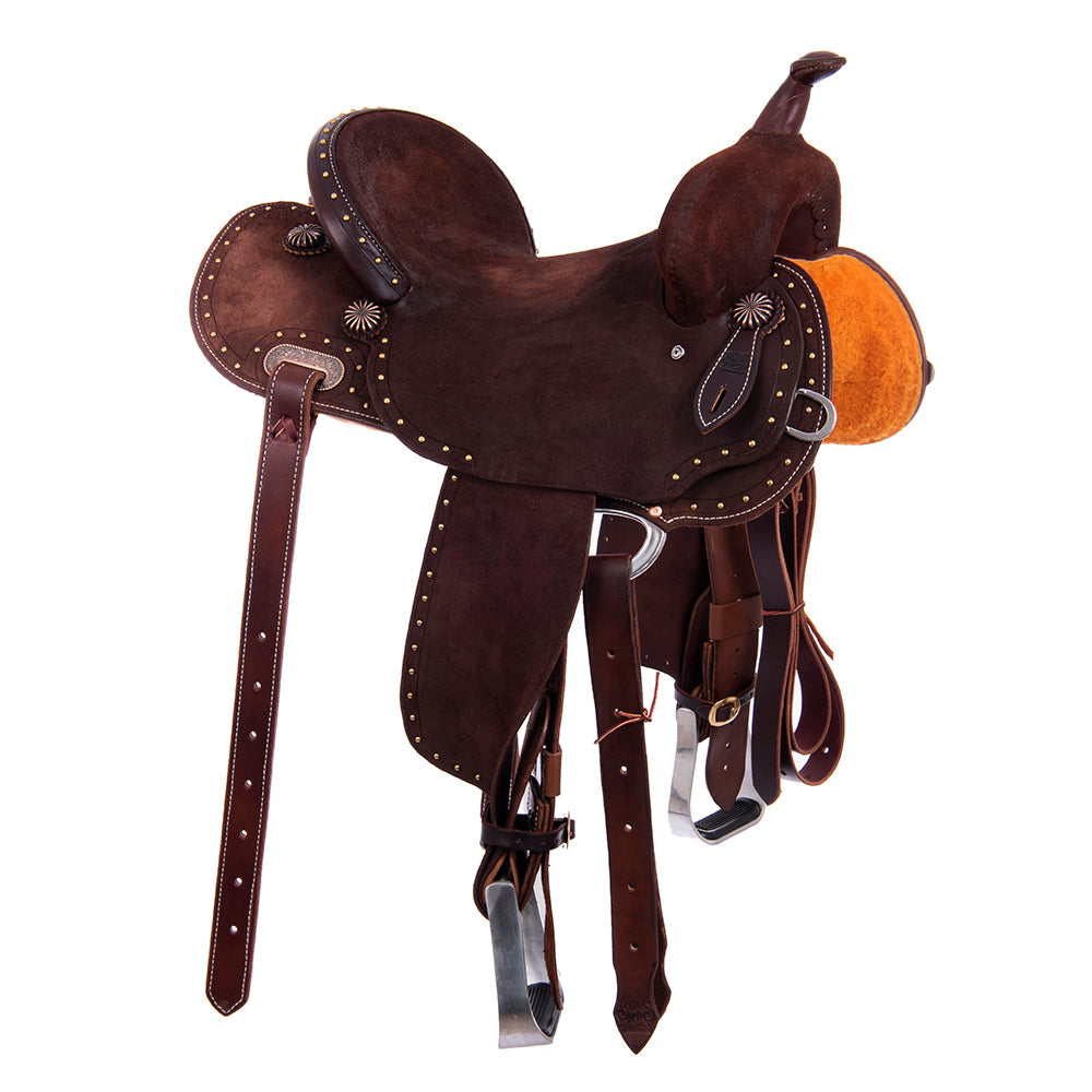 Burns Chocolate RO Barrel Saddle - Round - Full Brass Spot Border