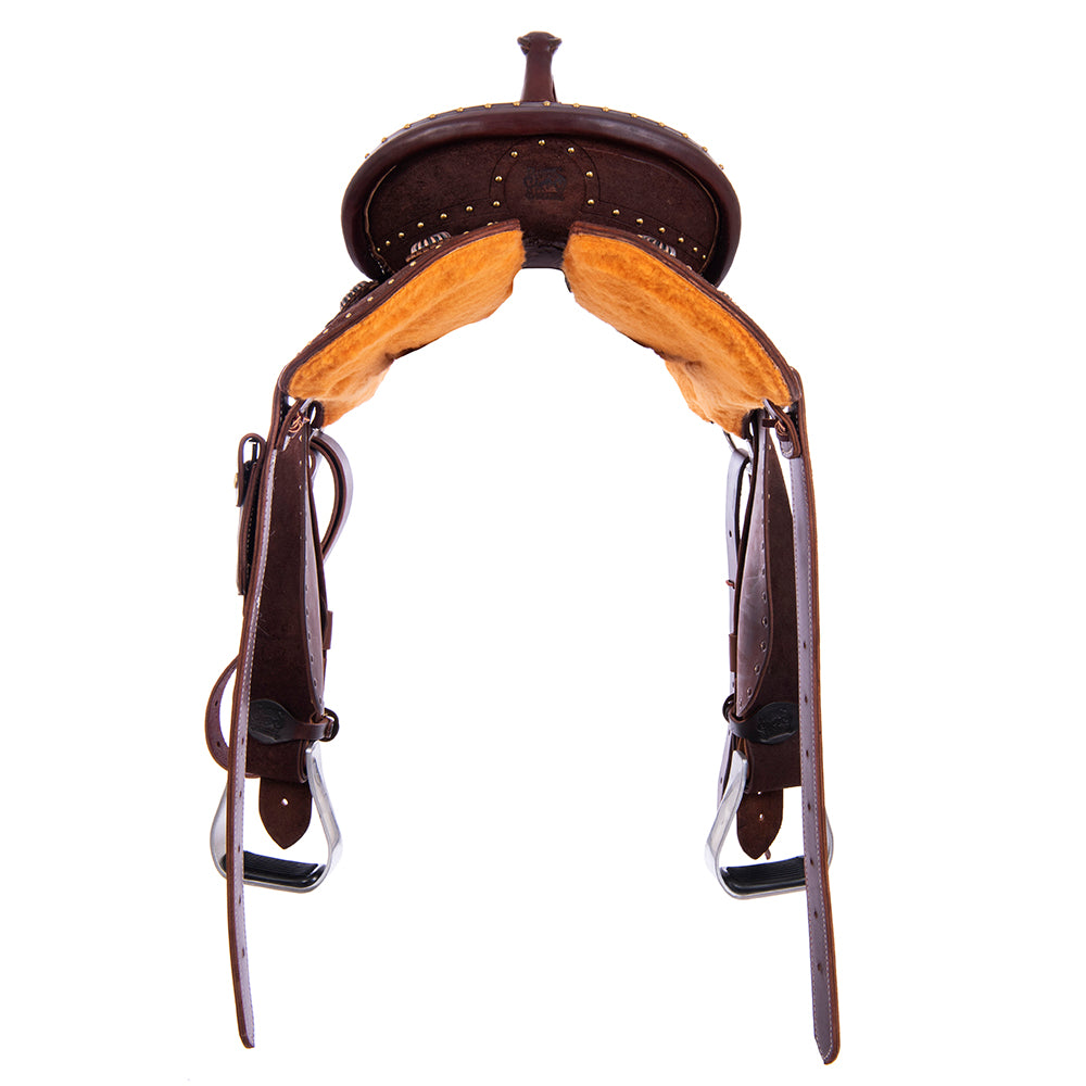 Burns Chocolate RO Barrel Saddle - Round - Full Brass Spot Border