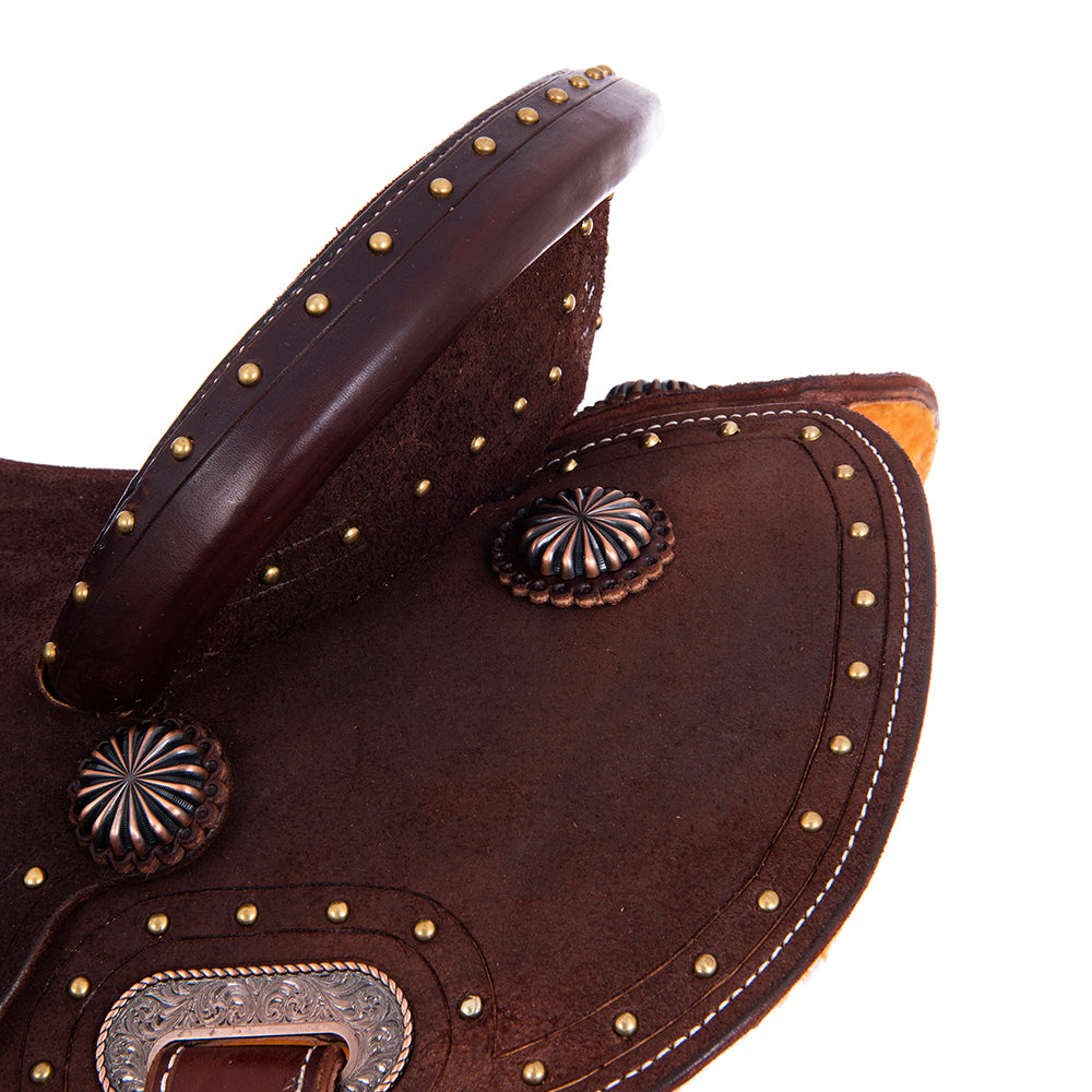 Burns Chocolate RO Barrel Saddle - Round - Full Brass Spot Border