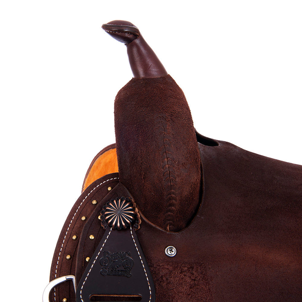 Burns Chocolate RO Barrel Saddle - Round - Full Brass Spot Border