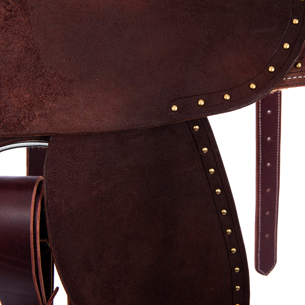 Burns Chocolate RO Barrel Saddle - Round - Full Brass Spot Border
