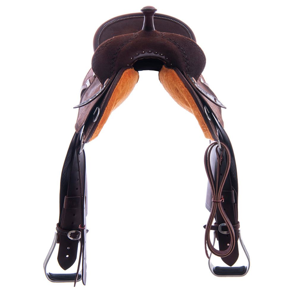 Burns Chocolate RO Barrel Saddle - Round - Diamond Half Diamond Border - Standard Binding