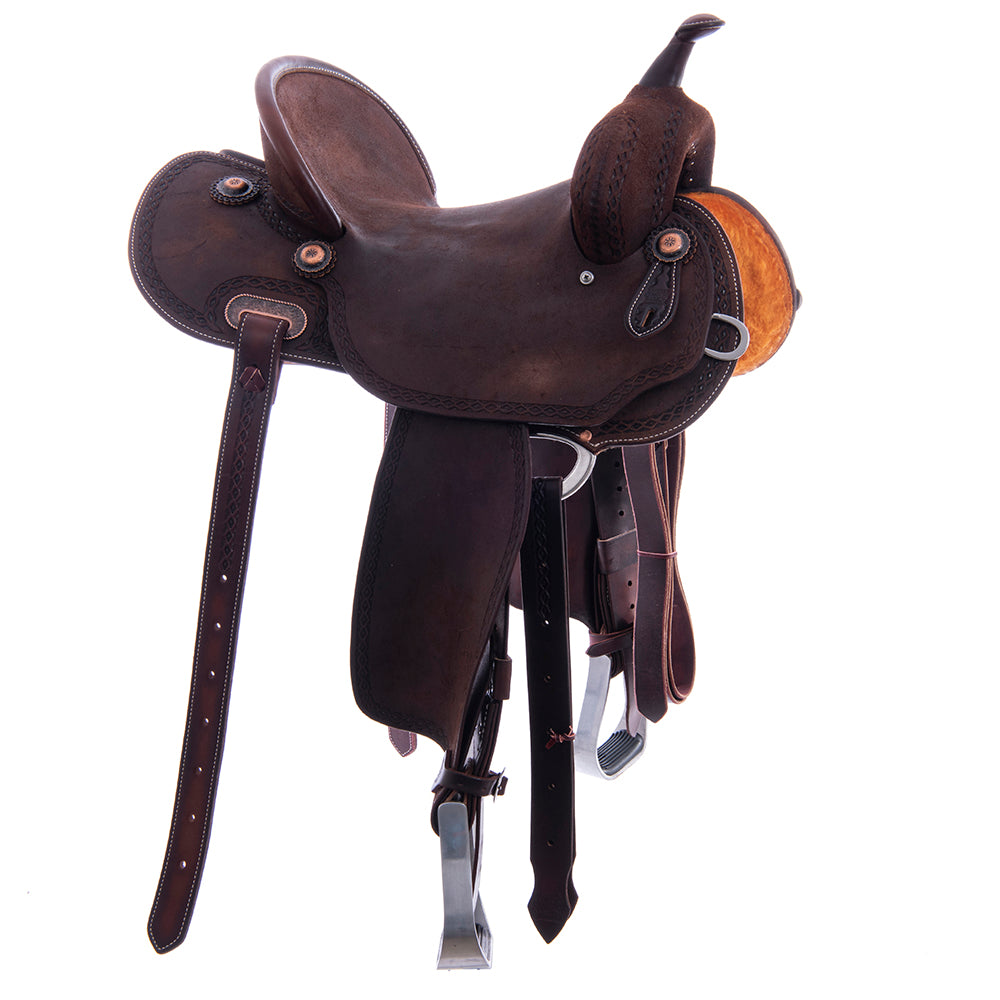 Burns Chocolate RO Barrel Saddle - Round - Diamond Half Diamond Border - Standard Binding