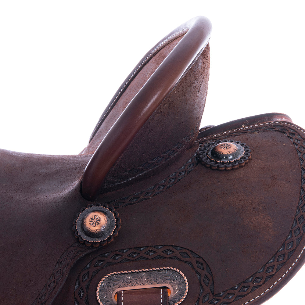 Burns Chocolate RO Barrel Saddle - Round - Diamond Half Diamond Border - Standard Binding