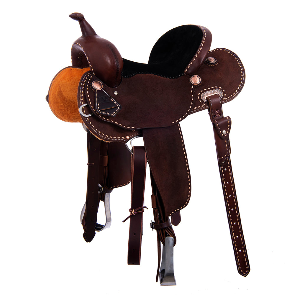 Burns Chocolate SO/RO Barrel Saddle - Round - Full Natural Buckstitch; Black Suede Hand Pop Stitch S