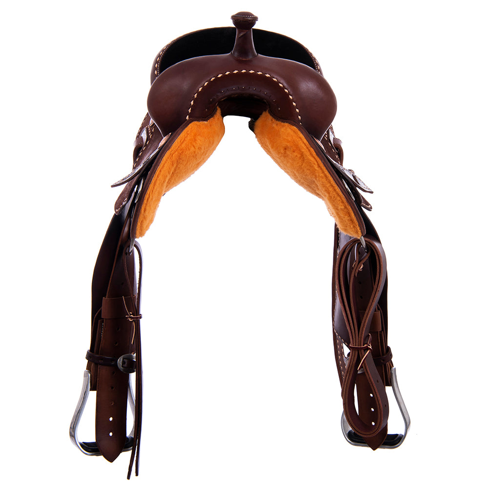 Burns Chocolate SO/RO Barrel Saddle - Round - Full Natural Buckstitch; Black Suede Hand Pop Stitch S