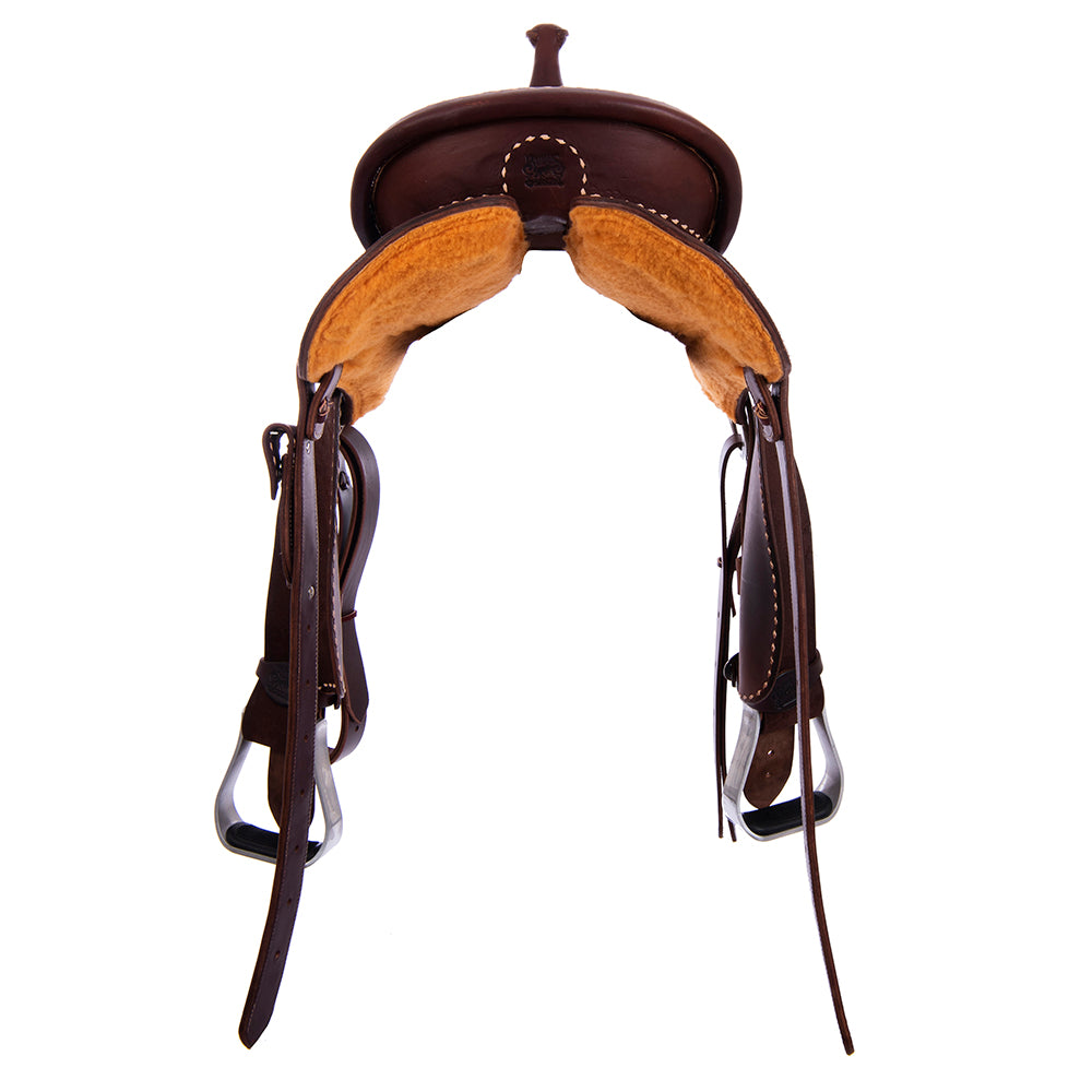 Burns Chocolate SO/RO Barrel Saddle - Round - Full Natural Buckstitch; Black Suede Hand Pop Stitch S