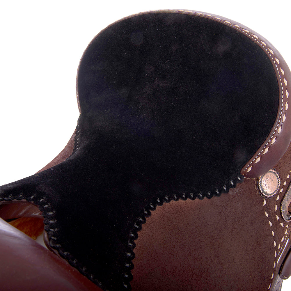 Burns Chocolate SO/RO Barrel Saddle - Round - Full Natural Buckstitch; Black Suede Hand Pop Stitch S
