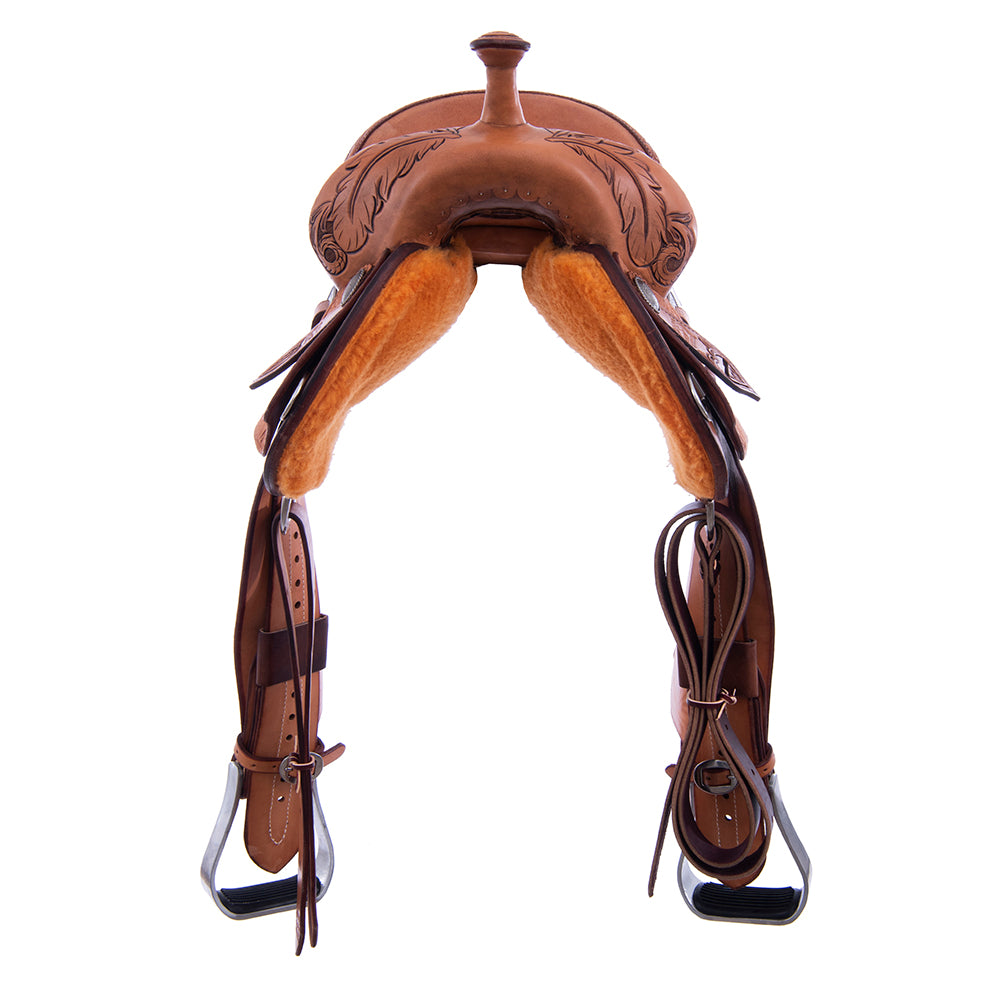 1/2 Smooth Russet, 1/2 Roughout Barrel Saddle - Notched Skirts, 3/4 Feather, Cheyenne