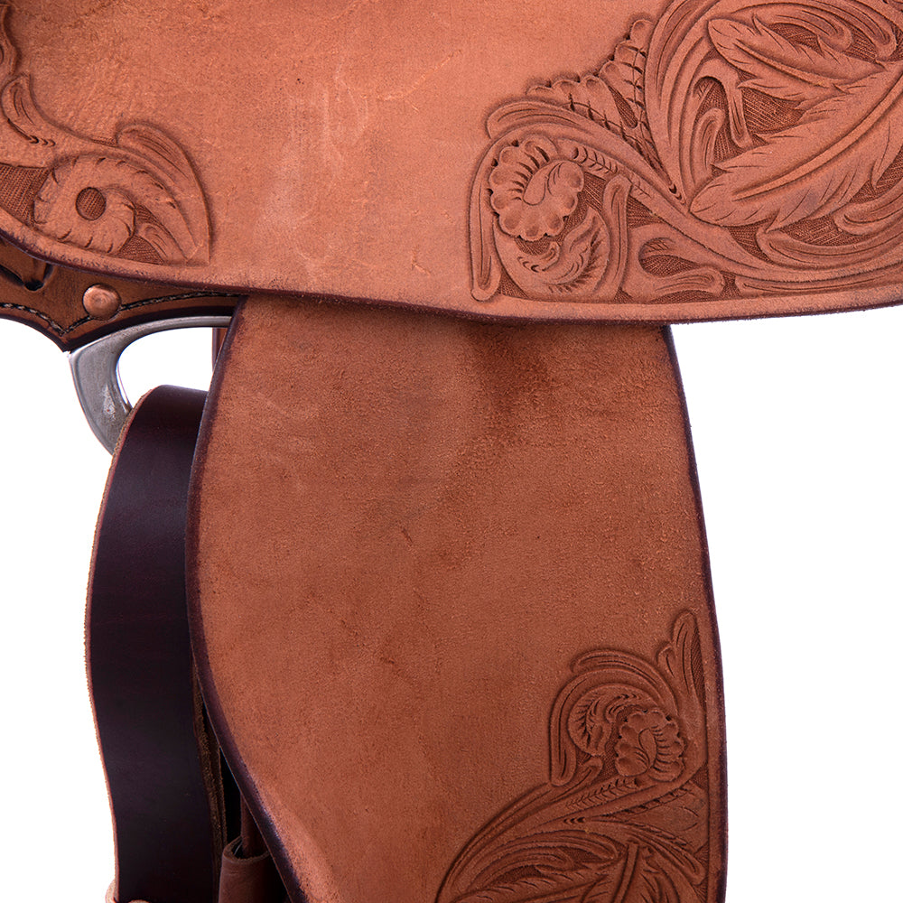 1/2 Smooth Russet, 1/2 Roughout Barrel Saddle - Notched Skirts, 3/4 Feather, Cheyenne