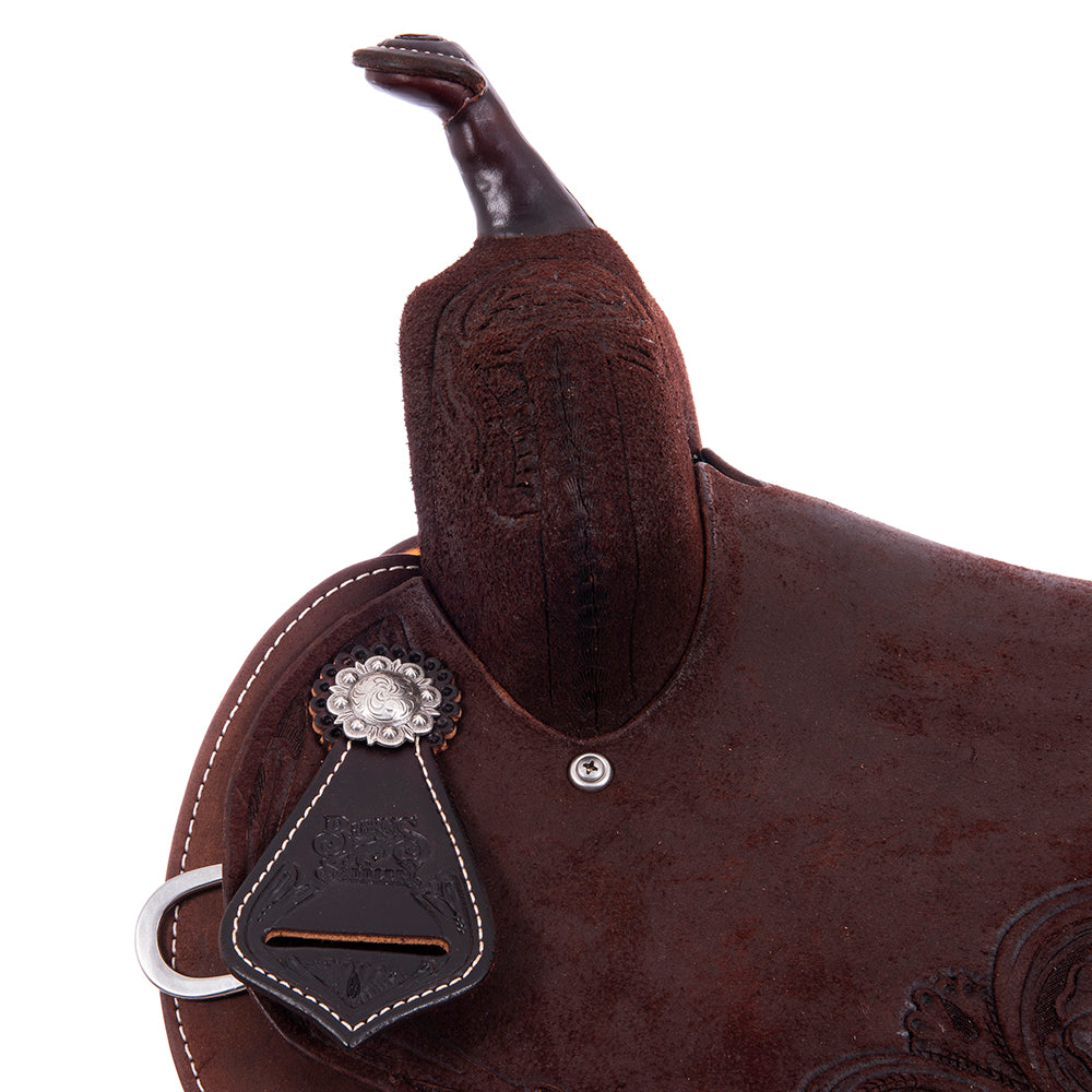 Chocolate Roughout Barrel Saddle- Round Skirts, Burns Flower Floral Corner, Cheyenne