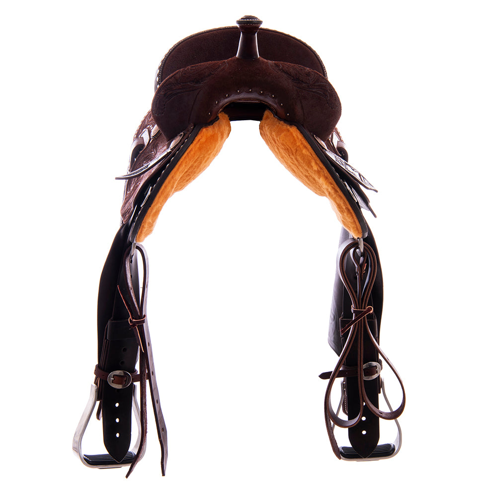 Burns Chocolate RO Barrel Saddle - Round - White Buckstitch Skirt & Cantle Binding w/ Feather Floral