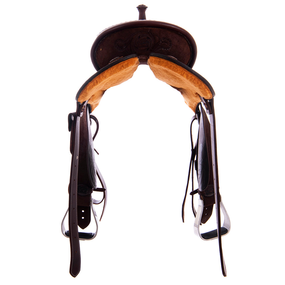 Burns Chocolate RO Barrel Saddle - Round - White Buckstitch Skirt & Cantle Binding w/ Feather Floral