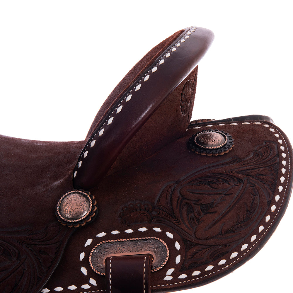 Chocolate Roughout Barrel Saddle - Round Skirt, Feather Floral Tooling, White Buckstitch Skirt & Cantle