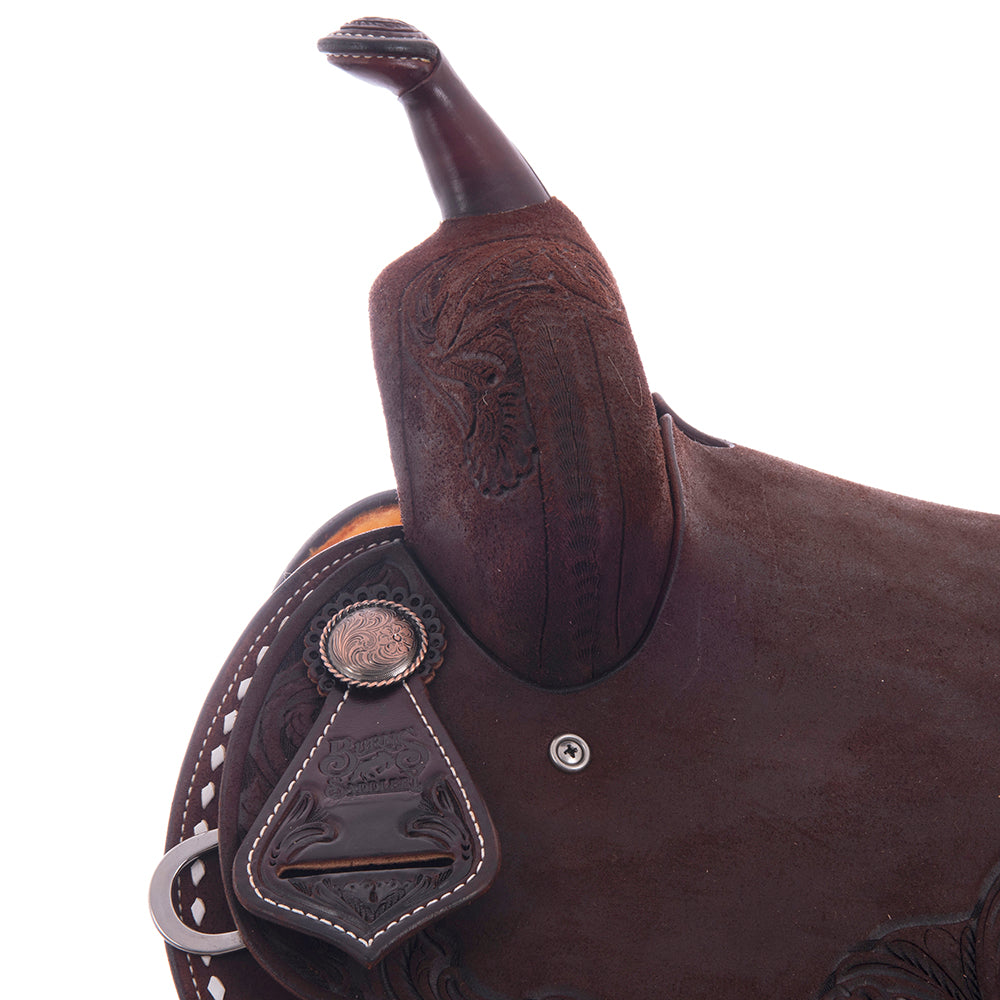Burns Chocolate RO Barrel Saddle - Round - White Buckstitch Skirt & Cantle Binding w/ Feather Floral