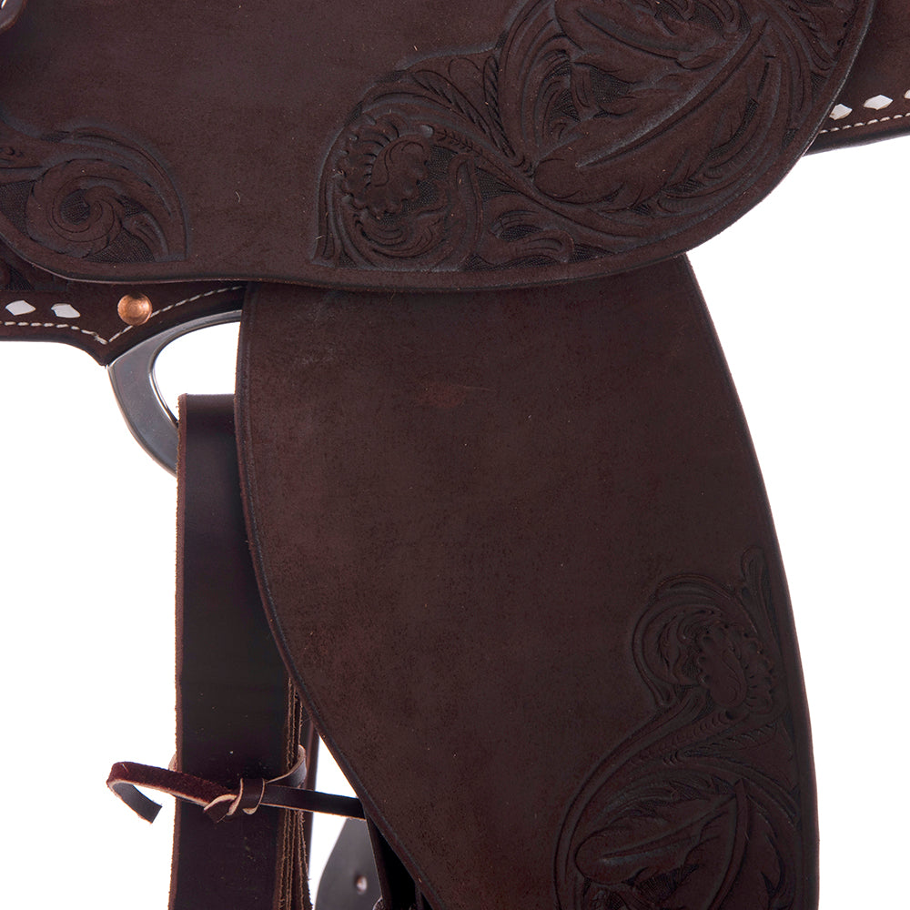 Chocolate Roughout Barrel Saddle - Round Skirt, Feather Floral Tooling, White Buckstitch Skirt & Cantle