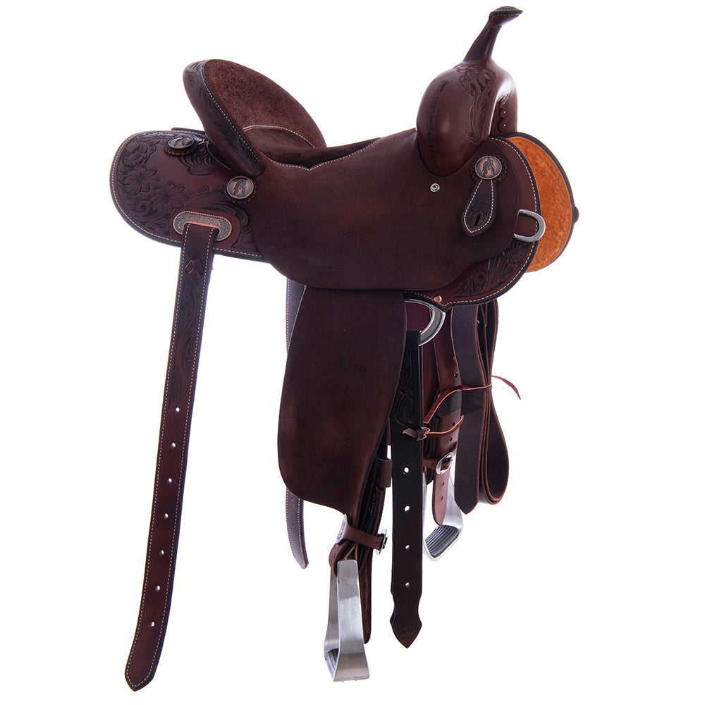 Barrel Saddle – Chocolate Leather, Smooth/Roughout, Round Skirt, 1/2 Sunflower Floral Border Tooling, Chocolate Suede Inlay