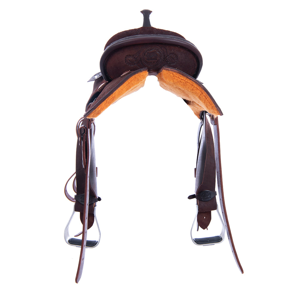 Chocolate Roughout Barrel Saddle - Notched Skirts, 1/2 D. Daisy Floral Corner, Cheyenne, Hard Seat