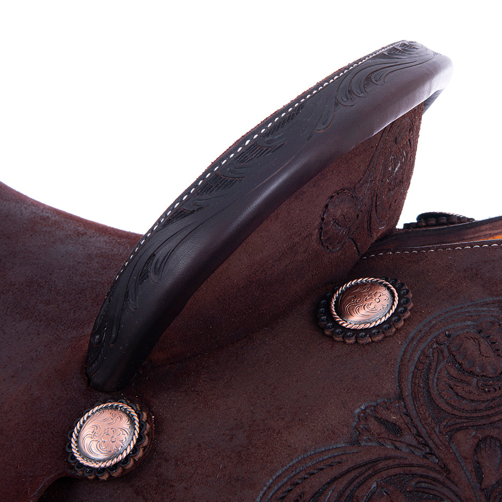 Chocolate Roughout Barrel Saddle - Notched Skirts, 1/2 D. Daisy Floral Corner, Cheyenne, Hard Seat