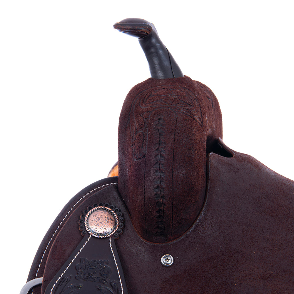 Chocolate Roughout Barrel Saddle - Notched Skirts, 1/2 D. Daisy Floral Corner, Cheyenne, Hard Seat