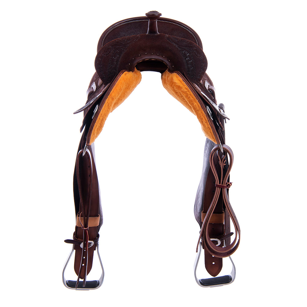 Chocolate Roughout Barrel Saddle - Round Skirts, Sunny D Deluxe Rope Border, Pencil Roll