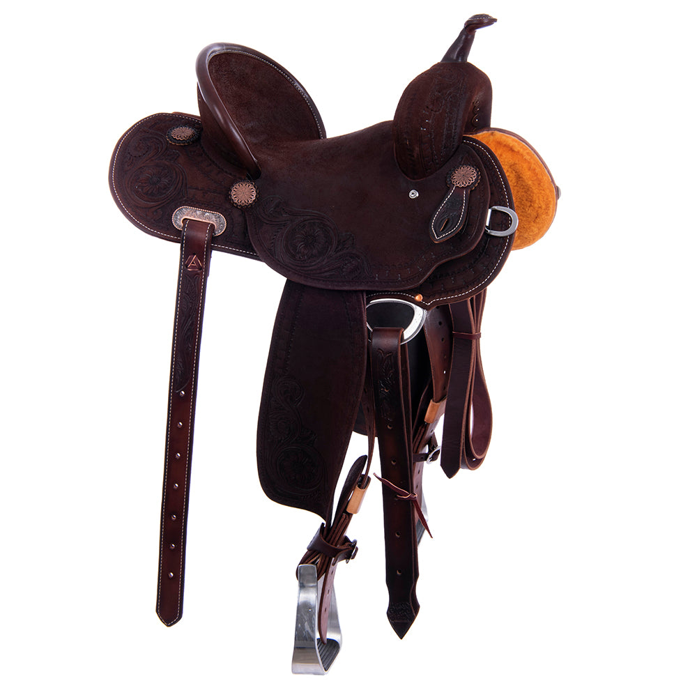 Chocolate Roughout Barrel Saddle - Round Skirts, Sunny D Deluxe Rope Border, Pencil Roll