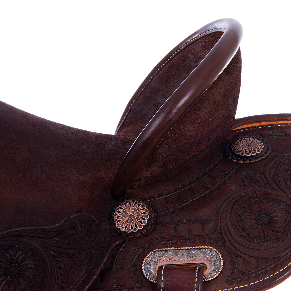 Chocolate Roughout Barrel Saddle - Round Skirts, Sunny D Deluxe Rope Border, Pencil Roll