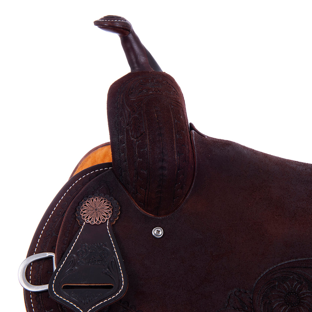 Chocolate Roughout Barrel Saddle - Round Skirts, Sunny D Deluxe Rope Border, Pencil Roll