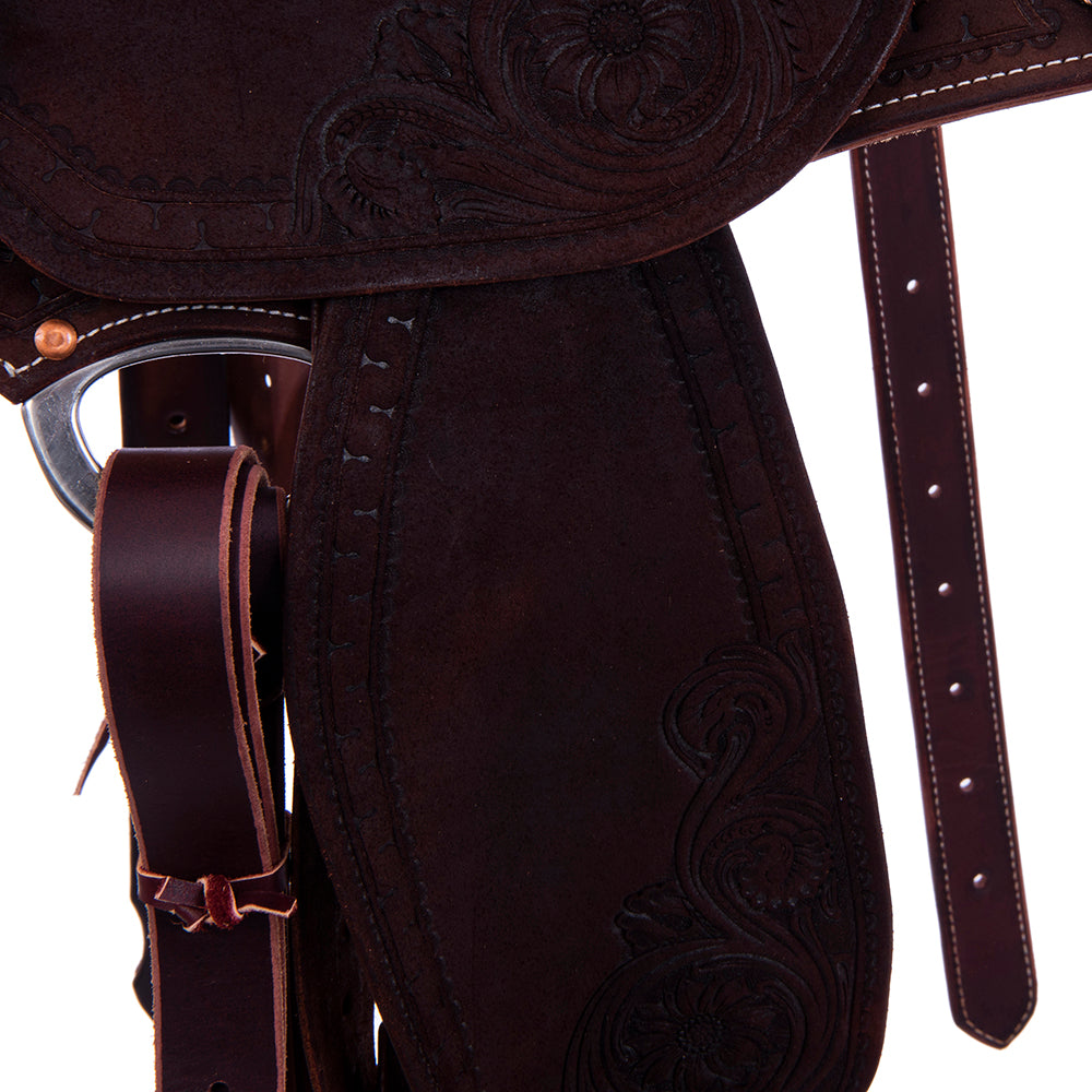 Chocolate Roughout Barrel Saddle - Round Skirts, Sunny D Deluxe Rope Border, Pencil Roll