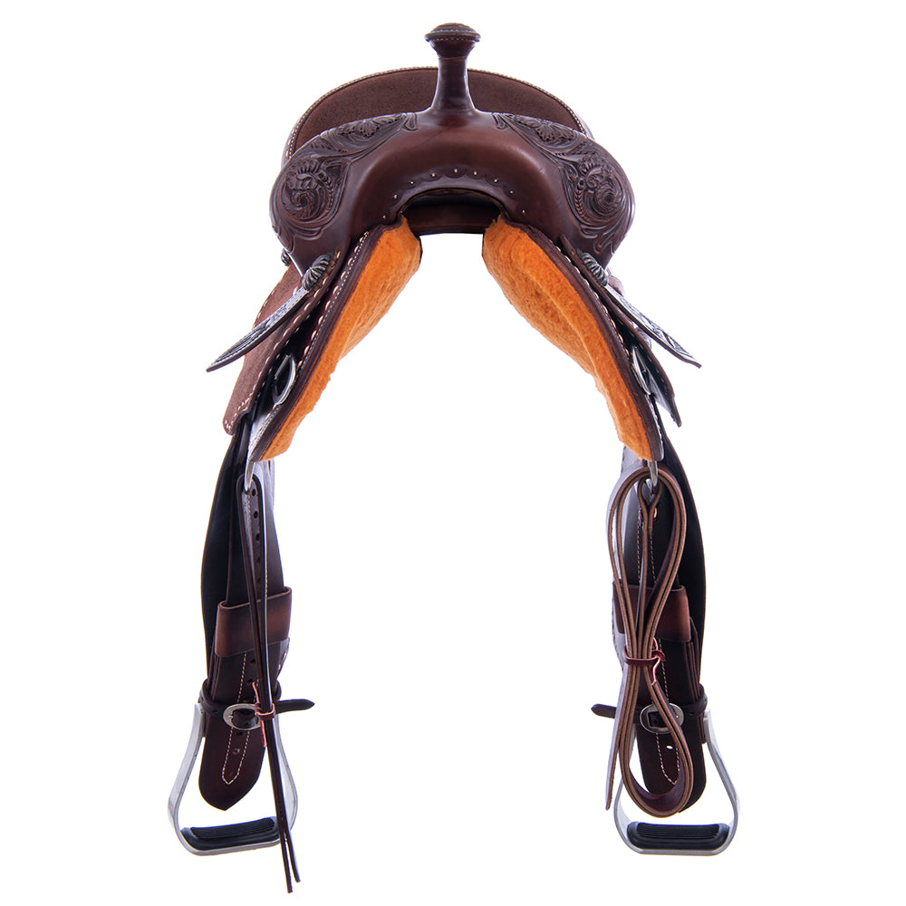 Barrel Saddle - 1/2 Smooth 1/2 Chocolate Roughout, Round, 1/2 Wyo Floral, Natural Buckstitch, Black Alligator Inlay