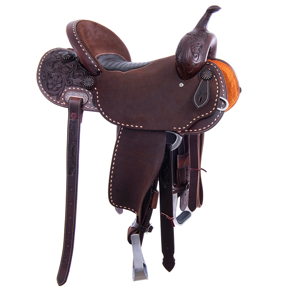 Barrel Saddle - 1/2 Smooth 1/2 Chocolate Roughout, Round, 1/2 Wyo Floral, Natural Buckstitch, Black Alligator Inlay