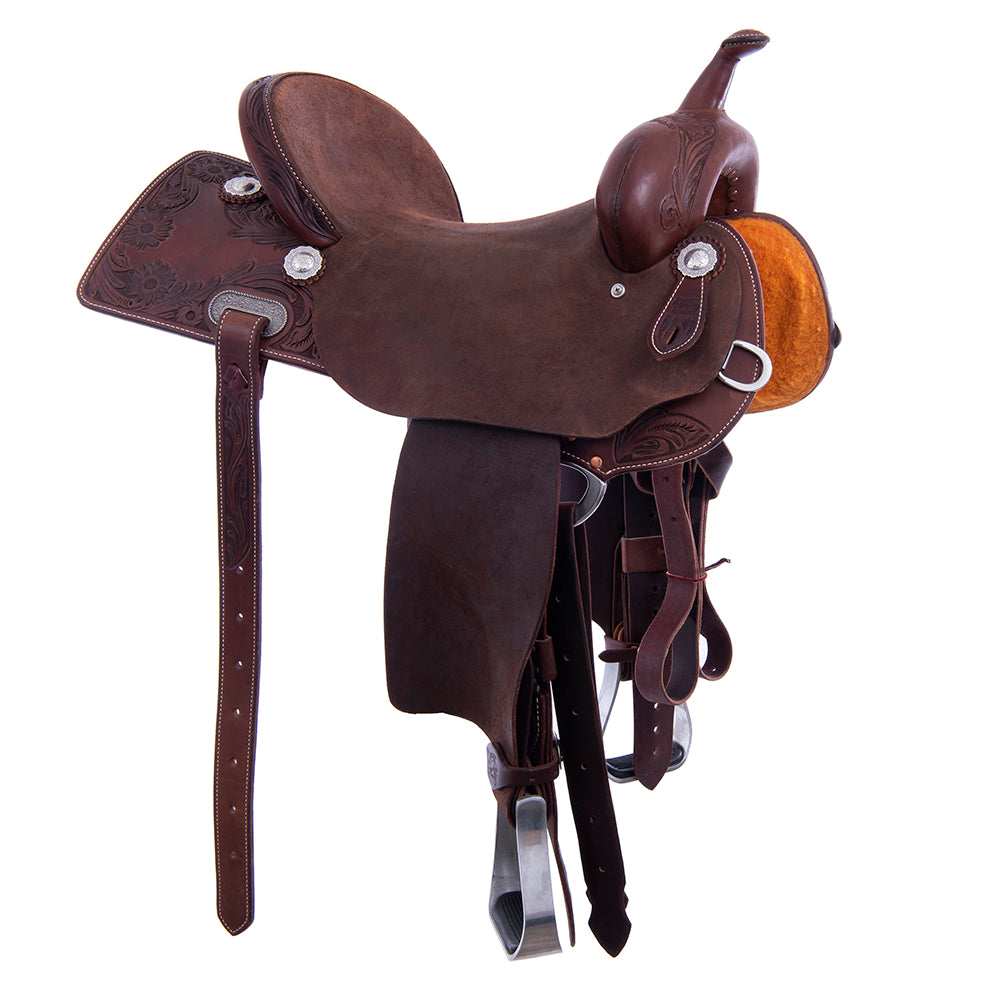 1/2 Smooth Chocolate 1/2 Chocolate Roughout Barrel Saddle - Semi Square 1/2 Sunny D Floral Border