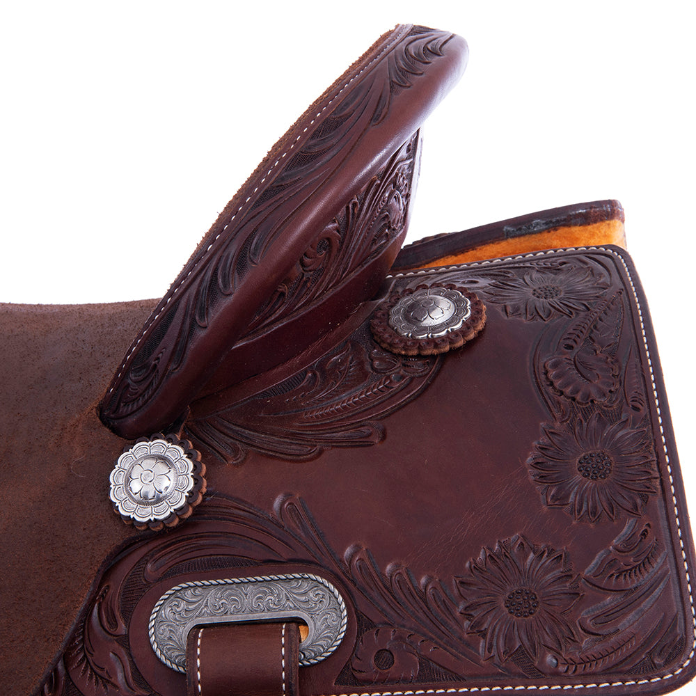 1/2 Smooth Chocolate 1/2 Chocolate Roughout Barrel Saddle - Semi Square 1/2 Sunny D Floral Border