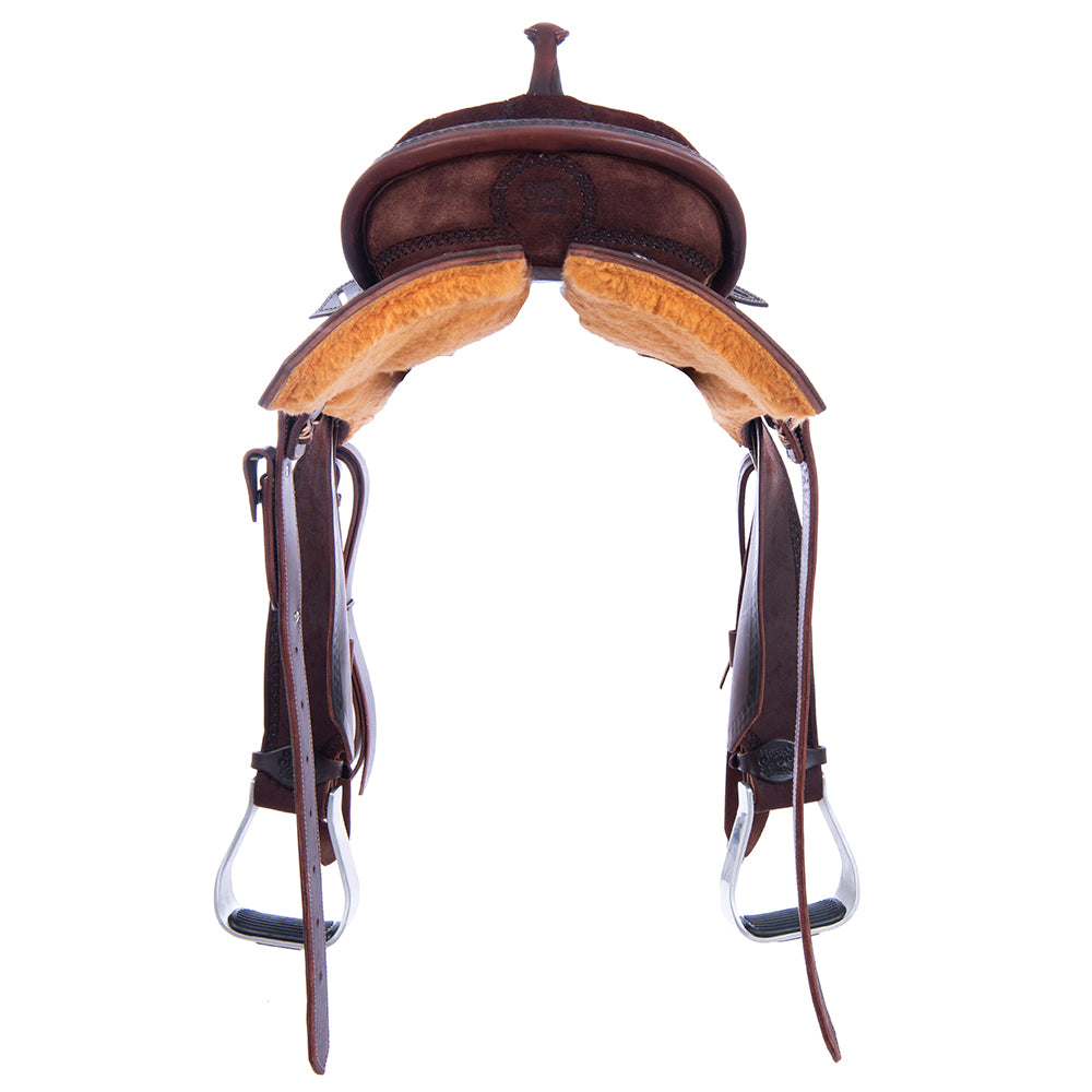 Barrel Saddle – Chocolate Roughout, Notched Skirt, Full Celtic Border, Teal Python Inlay