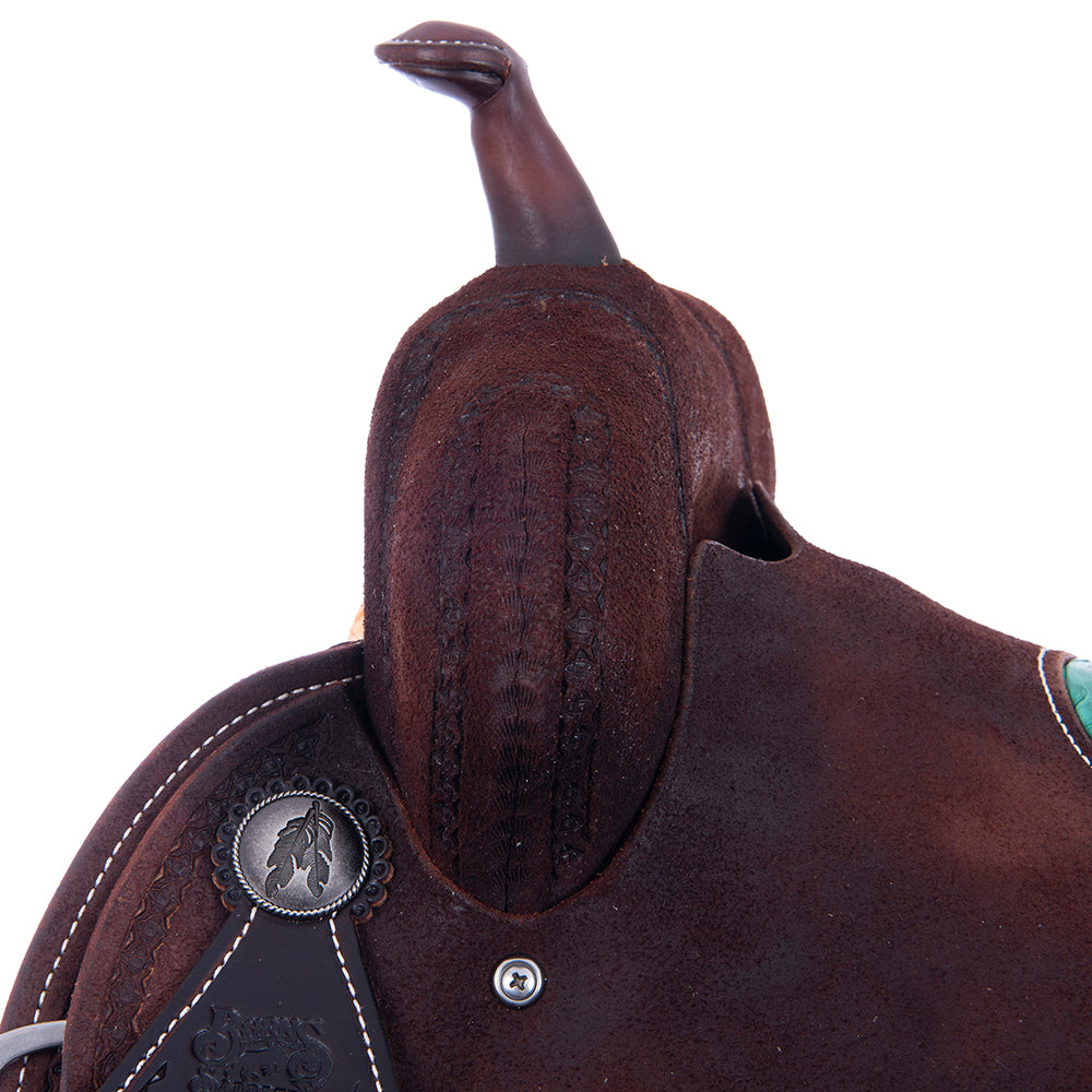 Barrel Saddle – Chocolate Roughout, Notched Skirt, Full Celtic Border, Teal Python Inlay