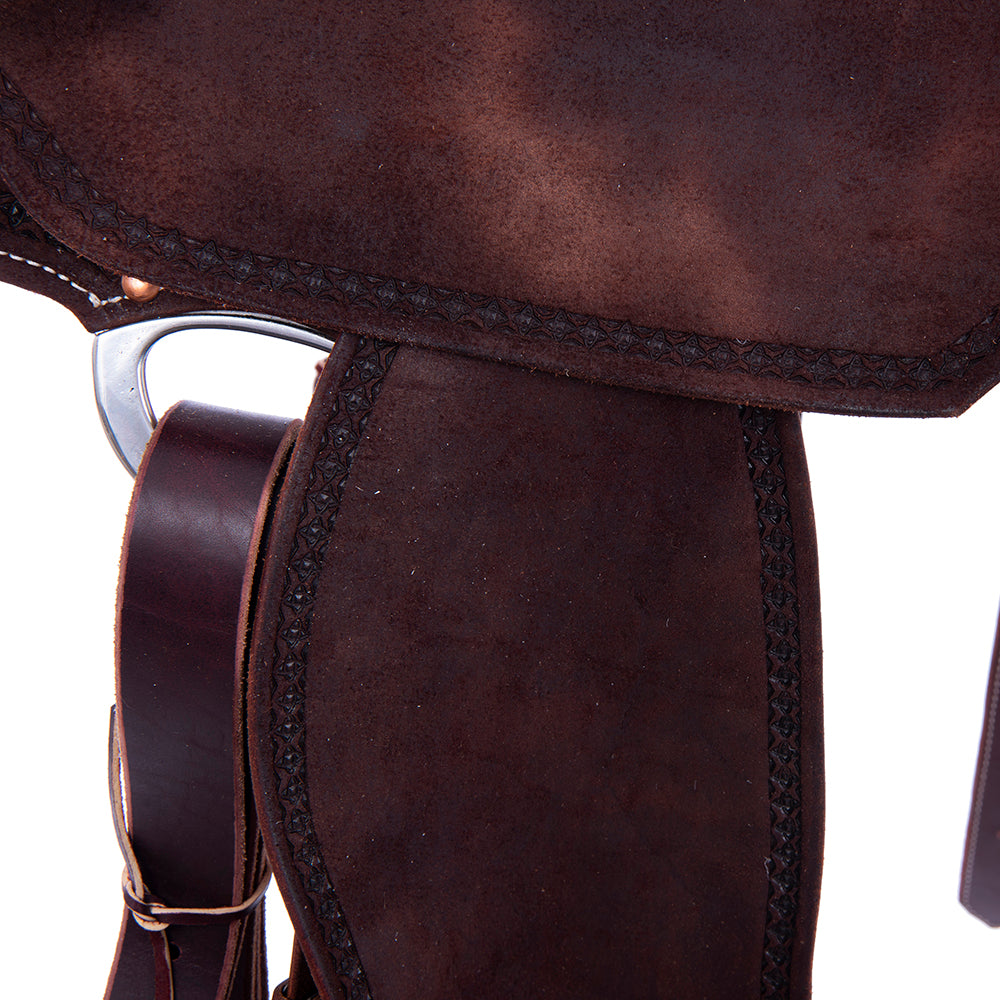 Barrel Saddle – Chocolate Roughout, Notched Skirt, Full Celtic Border, Teal Python Inlay