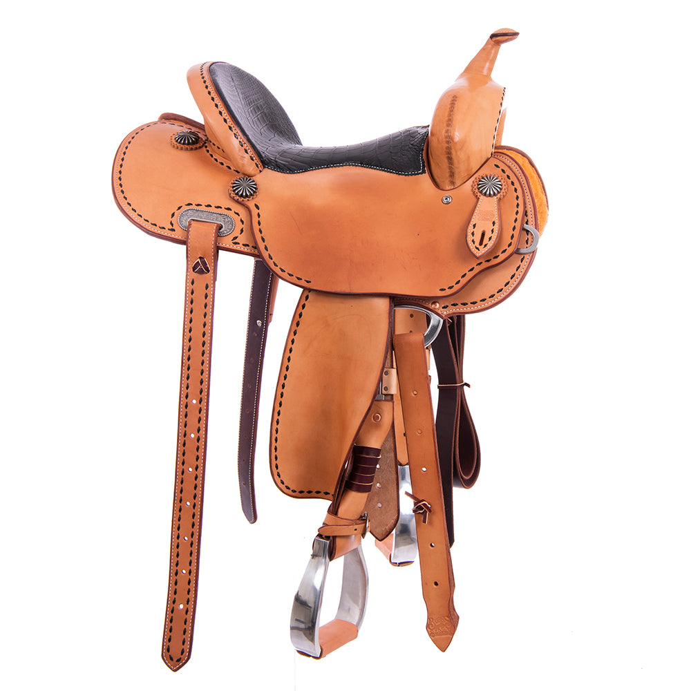 Russet SO Barrel Saddle- Round- Full BK BS- Cheyenne- Full Black Gator Padded Seat
