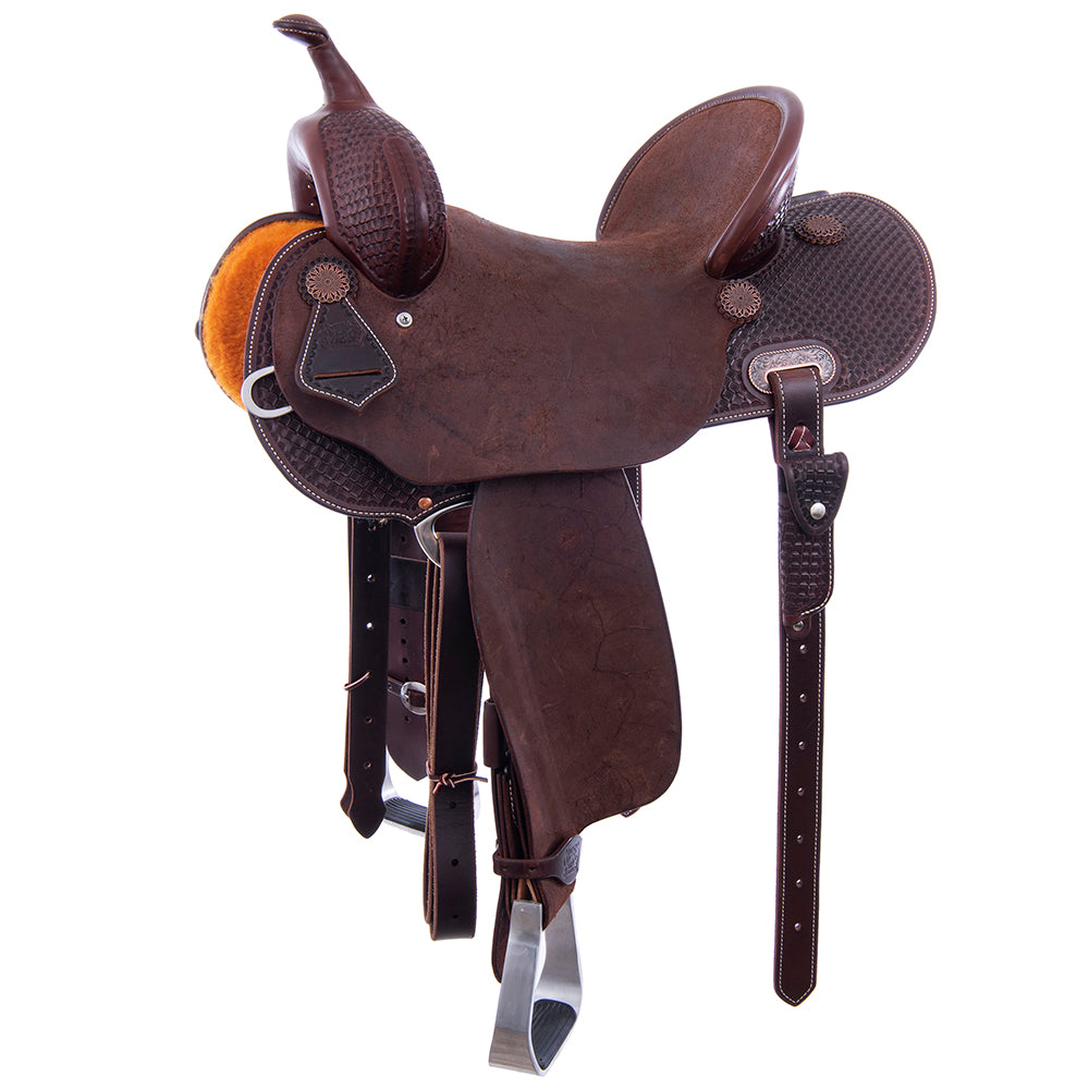 Barrel Saddle – Chocolate Leather, Smooth/Roughout, Round Skirt, 1/2 Waffle Tooling, Pencil Roll Cantle
