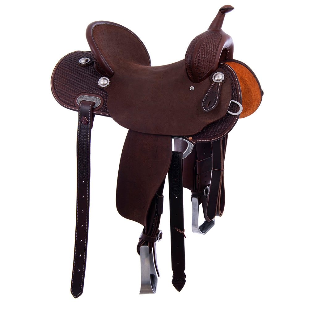 Barrel Saddle – Chocolate Leather, Smooth/Roughout, Round Skirt, 1/2 Waffle Tooling, Pencil Roll Cantle