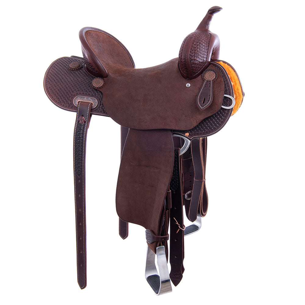 Barrel Saddle – Chocolate Leather, Smooth/Roughout, Round Skirt, 1/2 Waffle Tooling, Pencil Roll