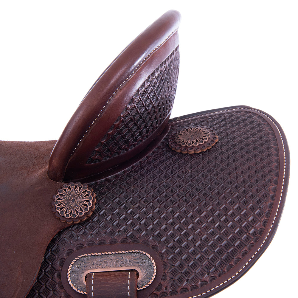 Barrel Saddle – Chocolate Leather, Smooth/Roughout, Round Skirt, 1/2 Waffle Tooling, Pencil Roll