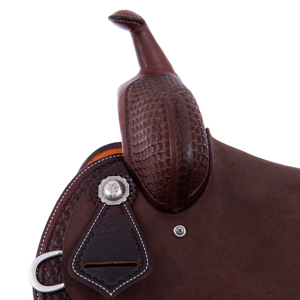Barrel Saddle – Chocolate Leather, Smooth/Roughout, Round Skirt, 1/2 Waffle Tooling, Pencil Roll Cantle