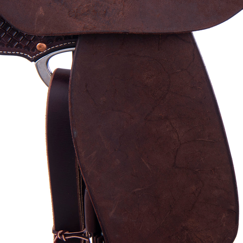 Barrel Saddle – Chocolate Leather, Smooth/Roughout, Round Skirt, 1/2 Waffle Tooling, Pencil Roll
