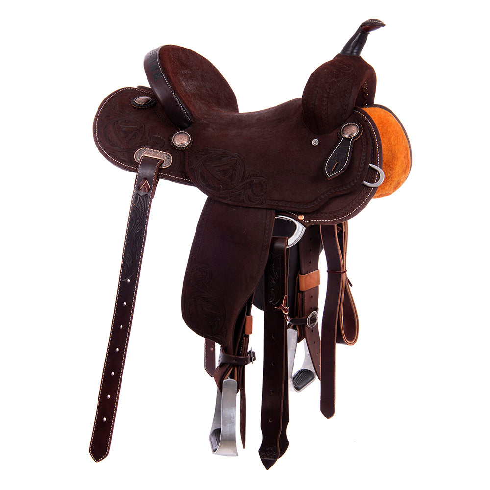 Barrel Saddle – Chocolate Roughout, Round Skirt, Full Simple Wishbone Border with Feather & Floral Corner Tooling