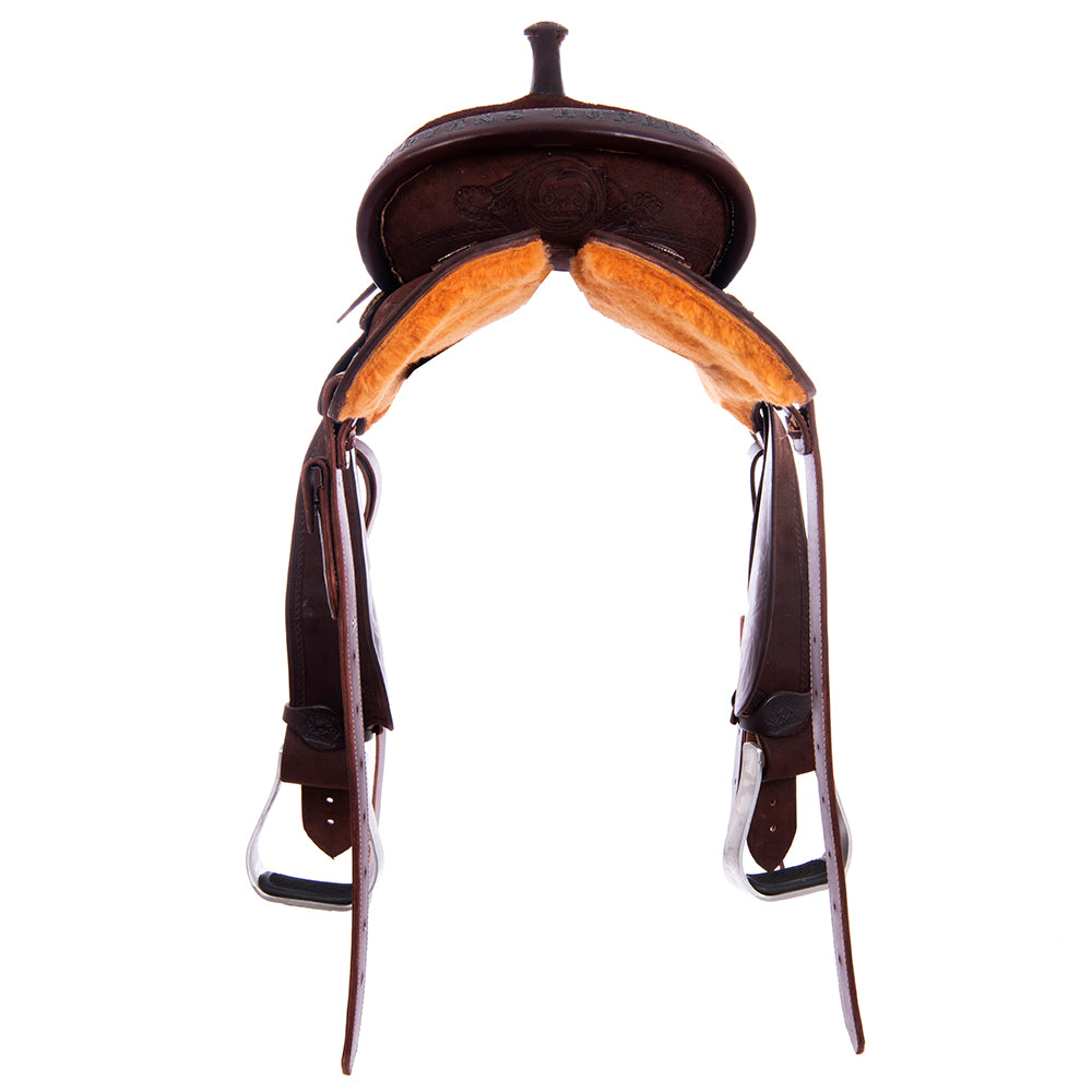 Barrel Saddle – Chocolate Roughout, Round Skirt, Full Simple Wishbone Border with Feather & Floral Corner Tooling
