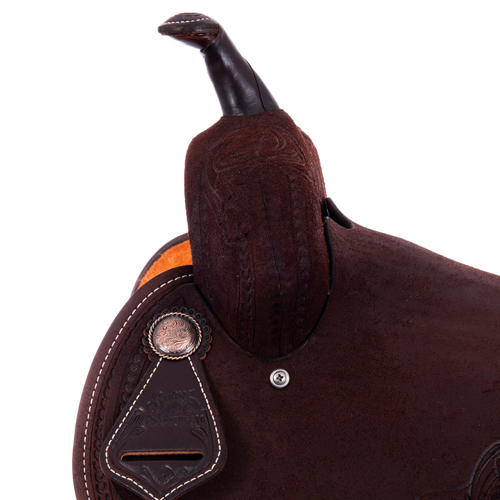 Barrel Saddle – Chocolate Roughout, Round Skirt, Full Simple Wishbone Border with Feather & Floral Corner Tooling