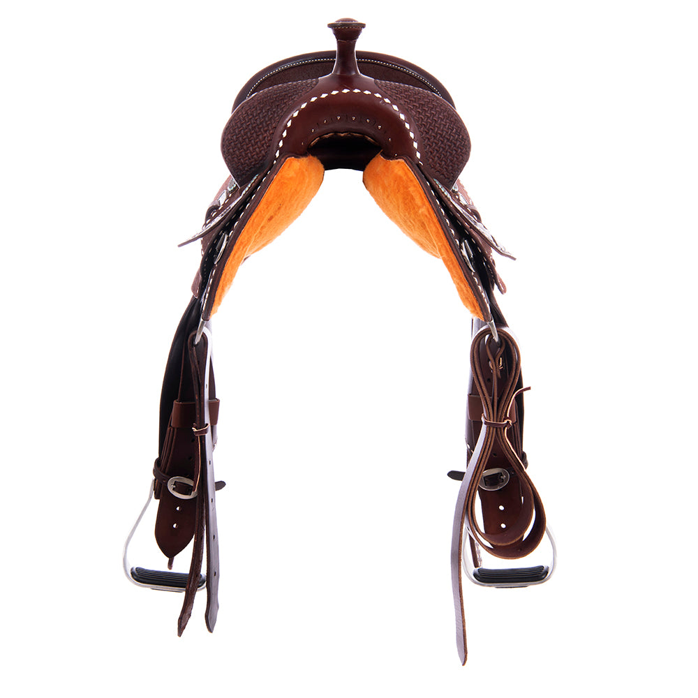 Chocolate 1/2 Smooth 1/2 Chocolate Barrel Saddle - Notched Skirts, Full White Buckstitch, 1/8 Axe Tooling, Standard Binding