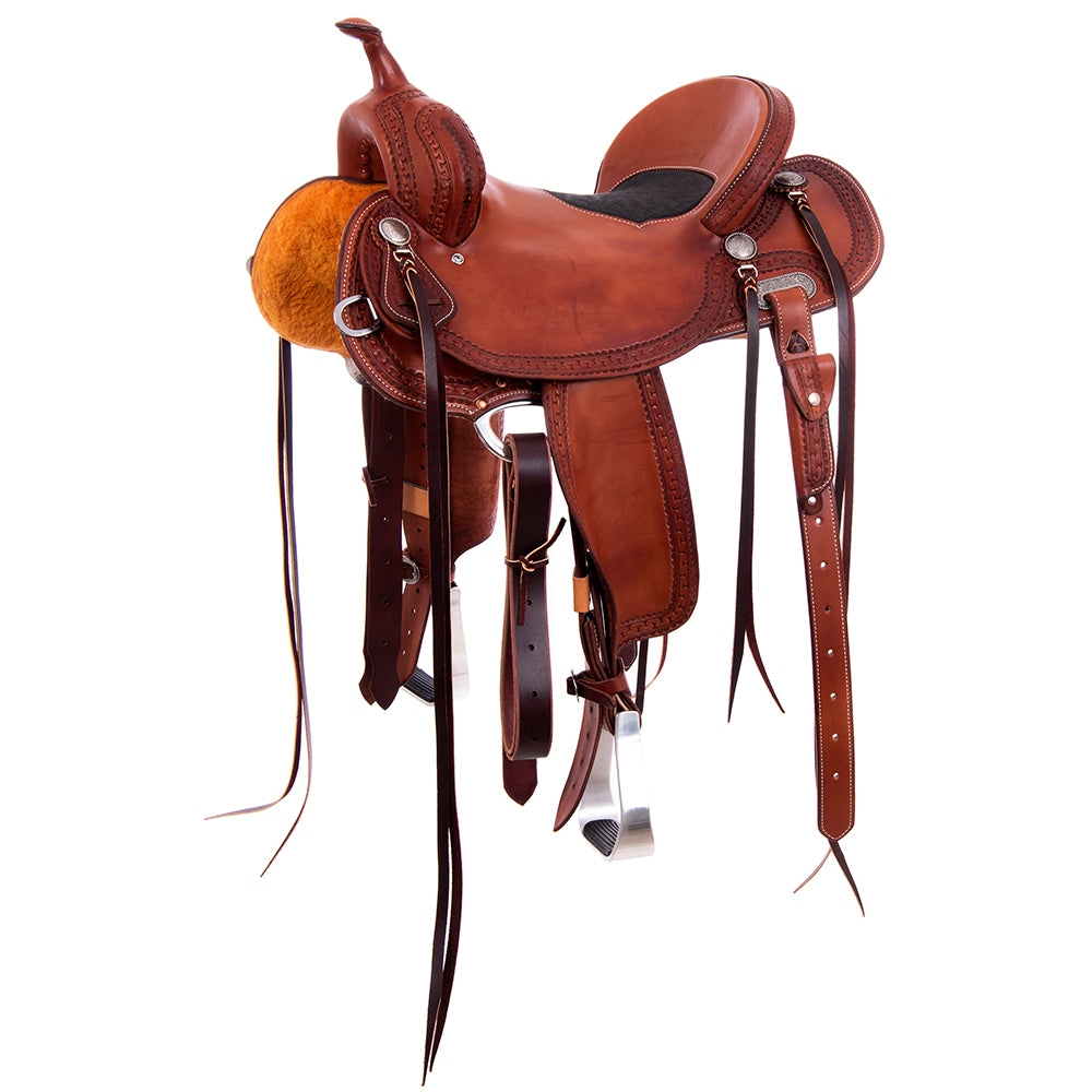 Smooth Chestnut Barrel Saddle - Round Skirt, Fancy San Carlos Border, Black Elephant Inlay