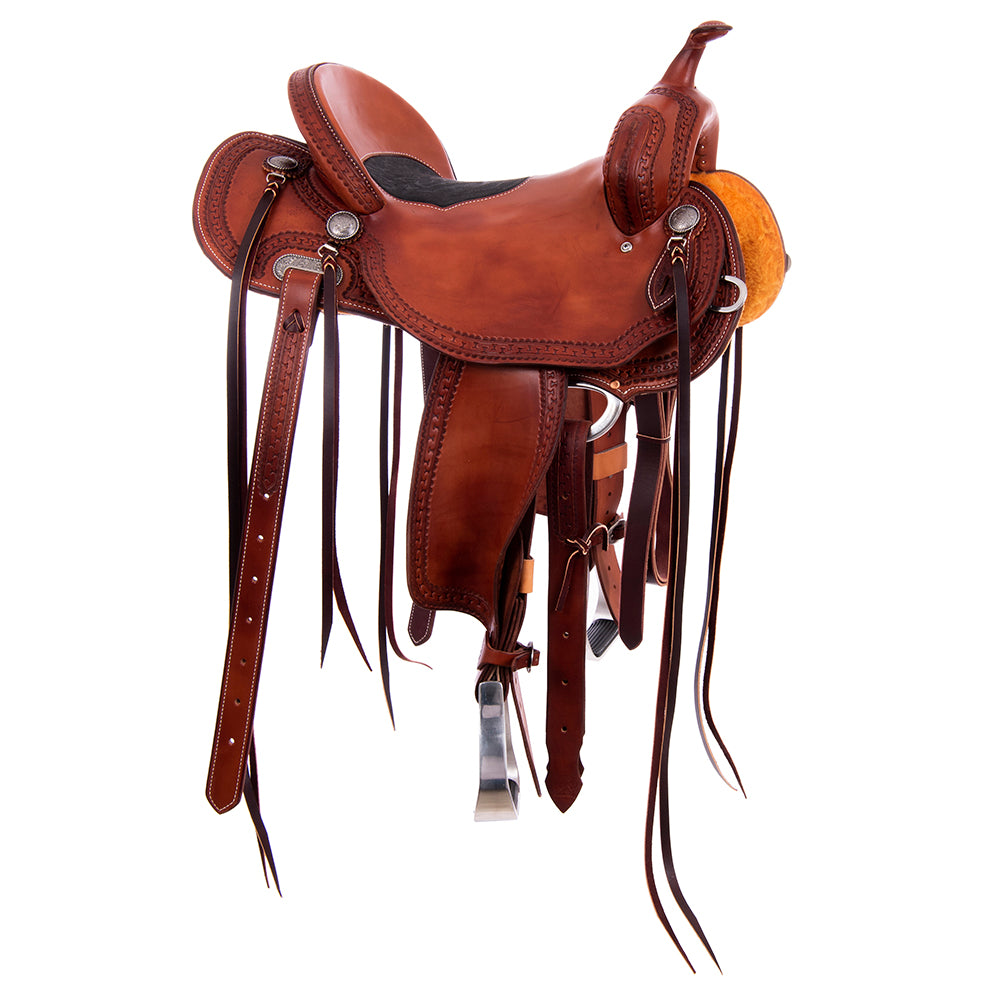 Burns Chestnut SO Barrel Saddle - Round - Fancy San Carlos Border - Black Elephant Inlay